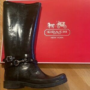 Coach Unisex Shiny Black Rubber Chunky Metal Rain Boots 10 M